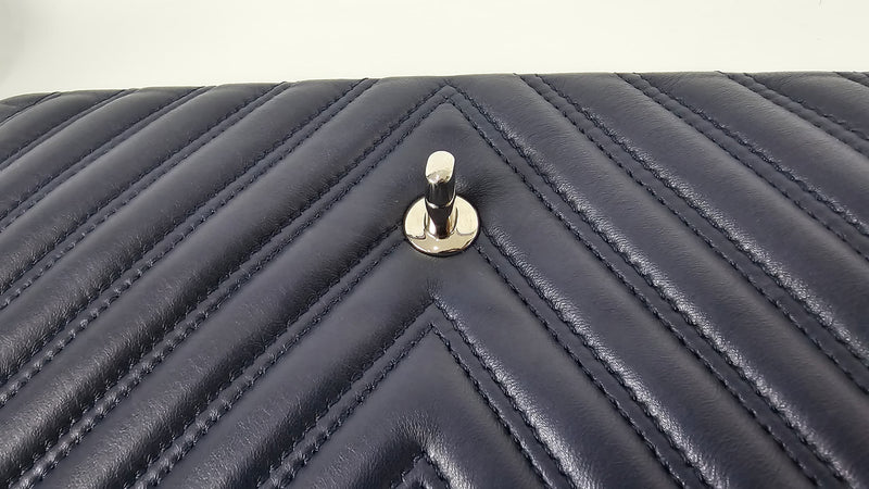 Navy Chevron Quilted Lambskin Leather Double Stitch Jumbo Single Flap Bag SHW