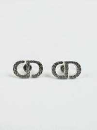 Petit CD Stud Earrings Silver-Finish Metal with White Crystals