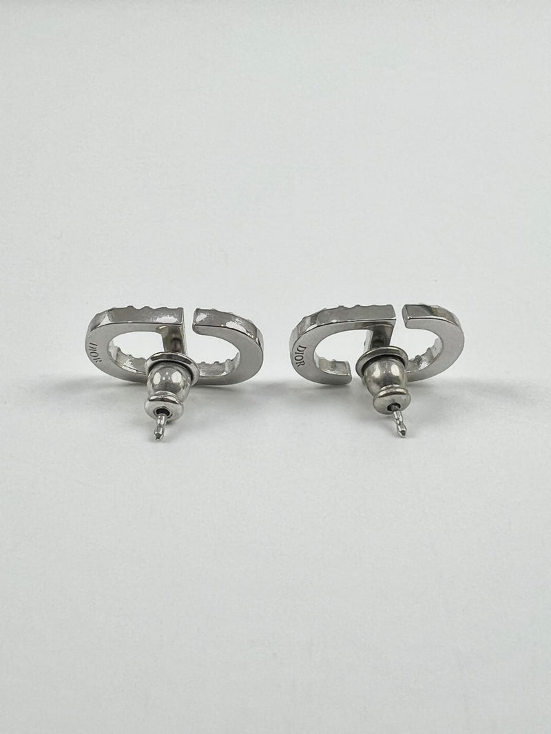 Petit CD Stud Earrings Silver-Finish Metal with White Crystals