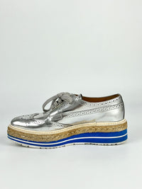 Metallic Silver Espadrille Jute Platform Oxford Brogue Size 37