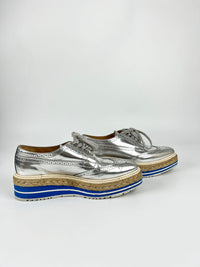 Metallic Silver Espadrille Jute Platform Oxford Brogue Size 37