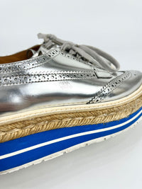 Metallic Silver Espadrille Jute Platform Oxford Brogue Size 37