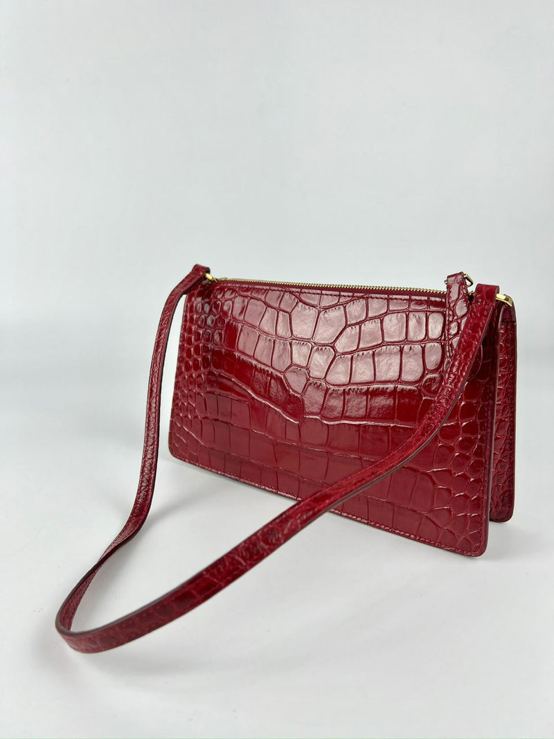 Red Embossed Leather Mini TB Shoulder Pouch