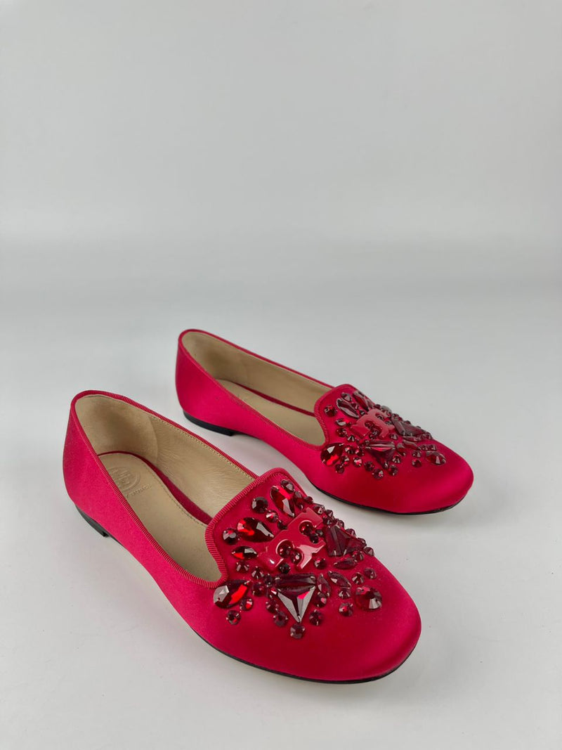 Delphine Logo Embellished Loafers in Red Satin / Leather Size 6M