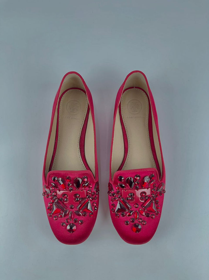 Delphine Logo Embellished Loafers in Red Satin / Leather Size 6M