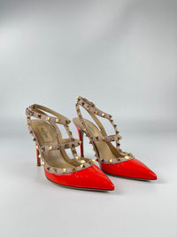 Rockstuds Orange / Beige Patent Leather Ankle Strap Heels Size 36.5