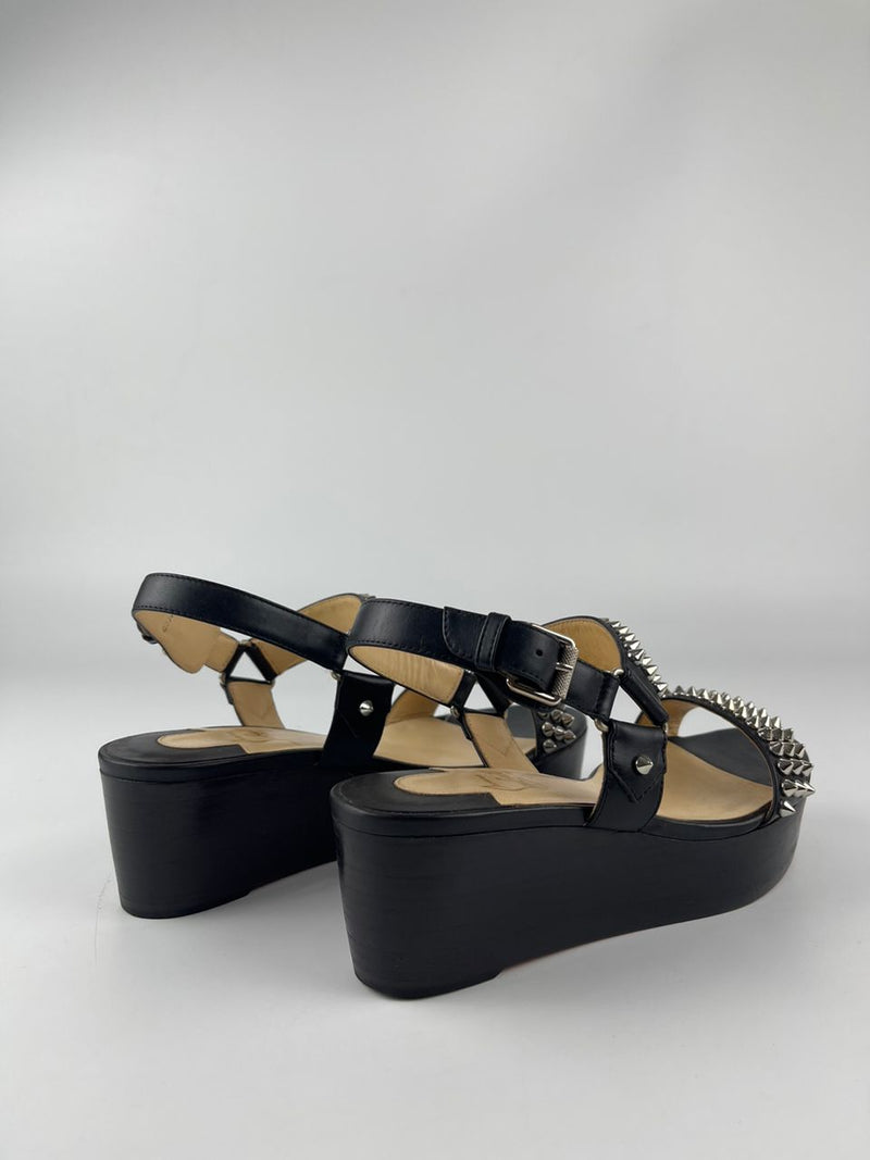 Black Leather Cordorella Spiked Wedges Leather Sandals Size 36