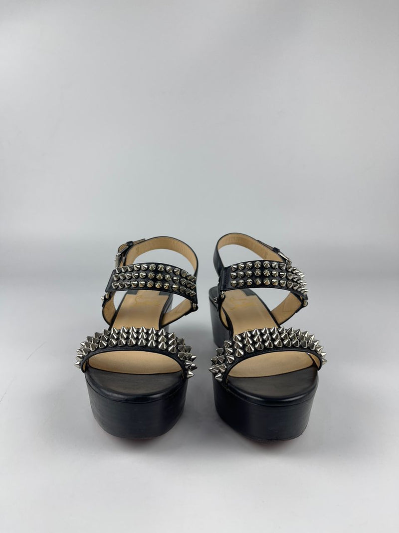 Black Leather Cordorella Spiked Wedges Leather Sandals Size 36