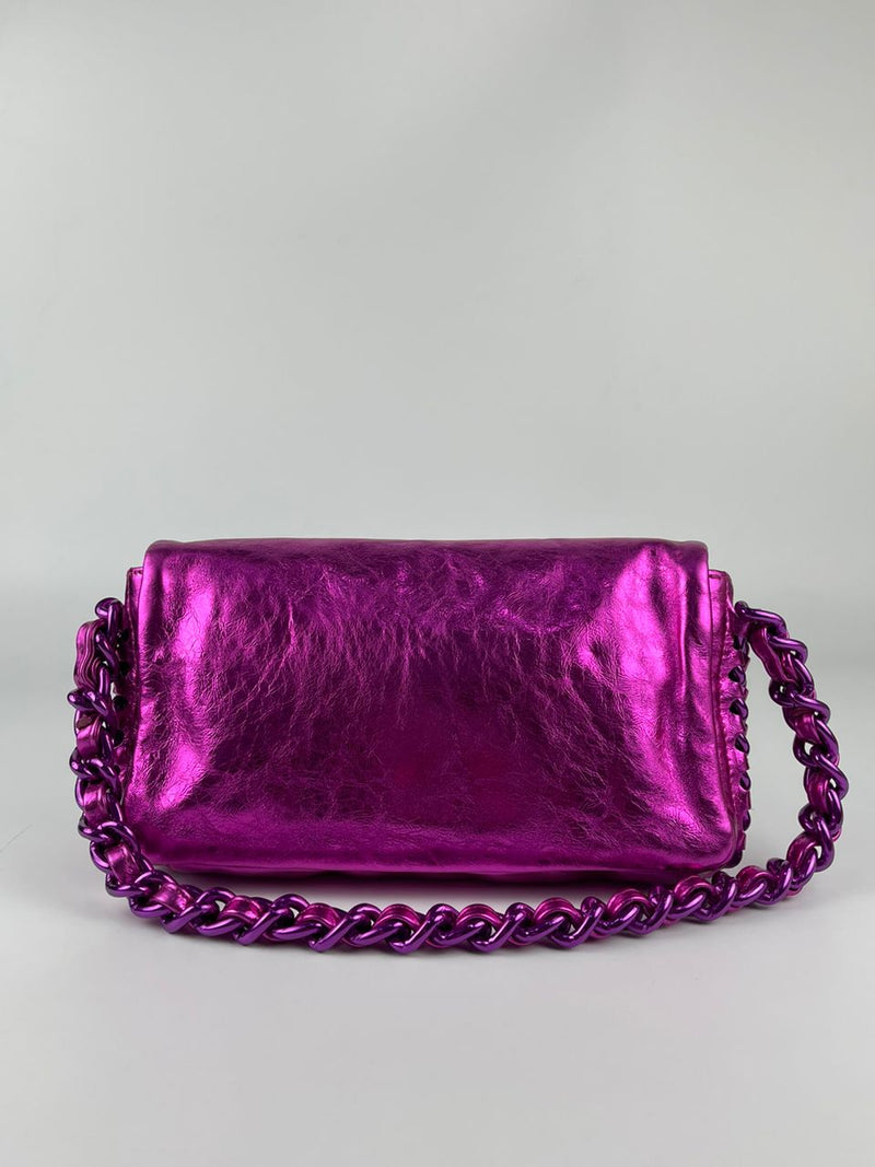 Metallic Pink Leather Modern Chain Flap Shoulder Bag