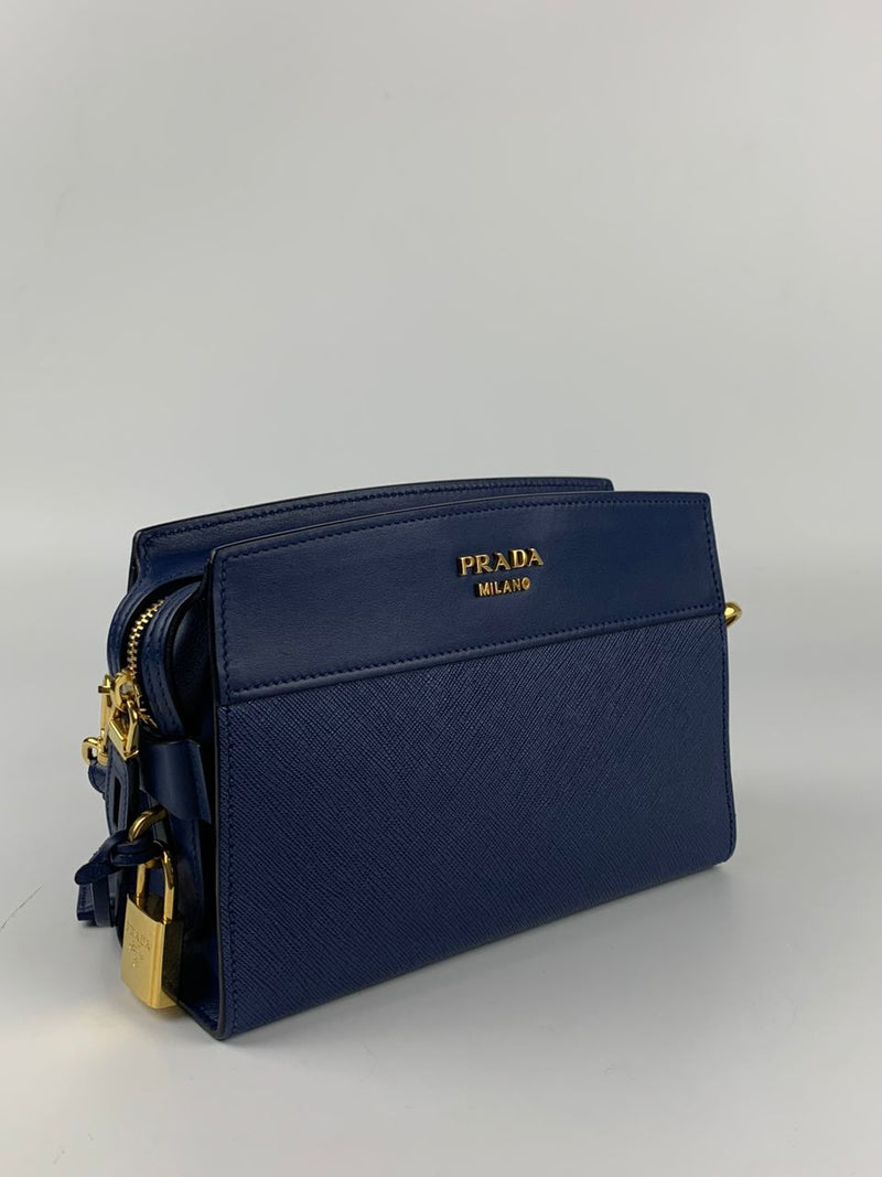 1BH043 Blue Calfskin / Saffiano Crossbody Bag