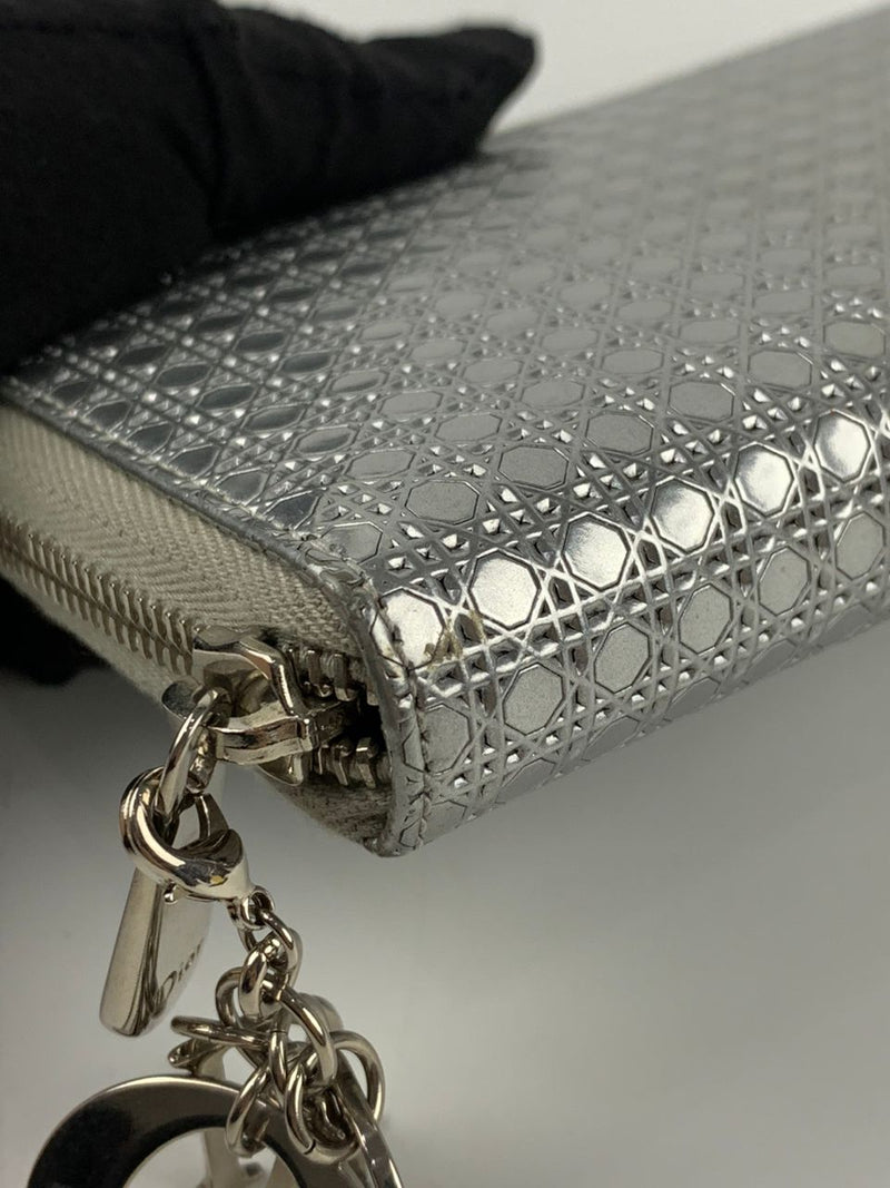 Silver Patent Microcannage Lady Dior Voyageur Wallet