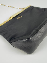 Black Satin / Leather Clutch Bag with Short Chain