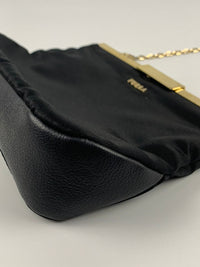 Black Satin / Leather Clutch Bag with Short Chain