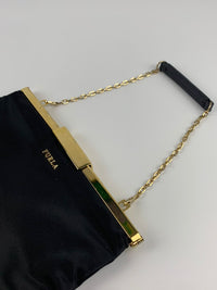 Black Satin / Leather Clutch Bag with Short Chain