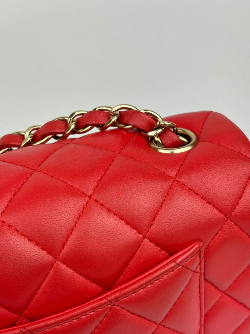 Classic Mini Rectangular Flap in Red Lambskin GHW