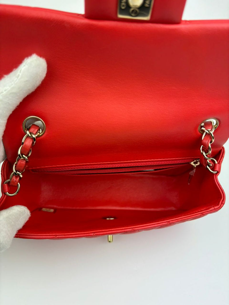 Classic Mini Rectangular Flap in Red Lambskin GHW