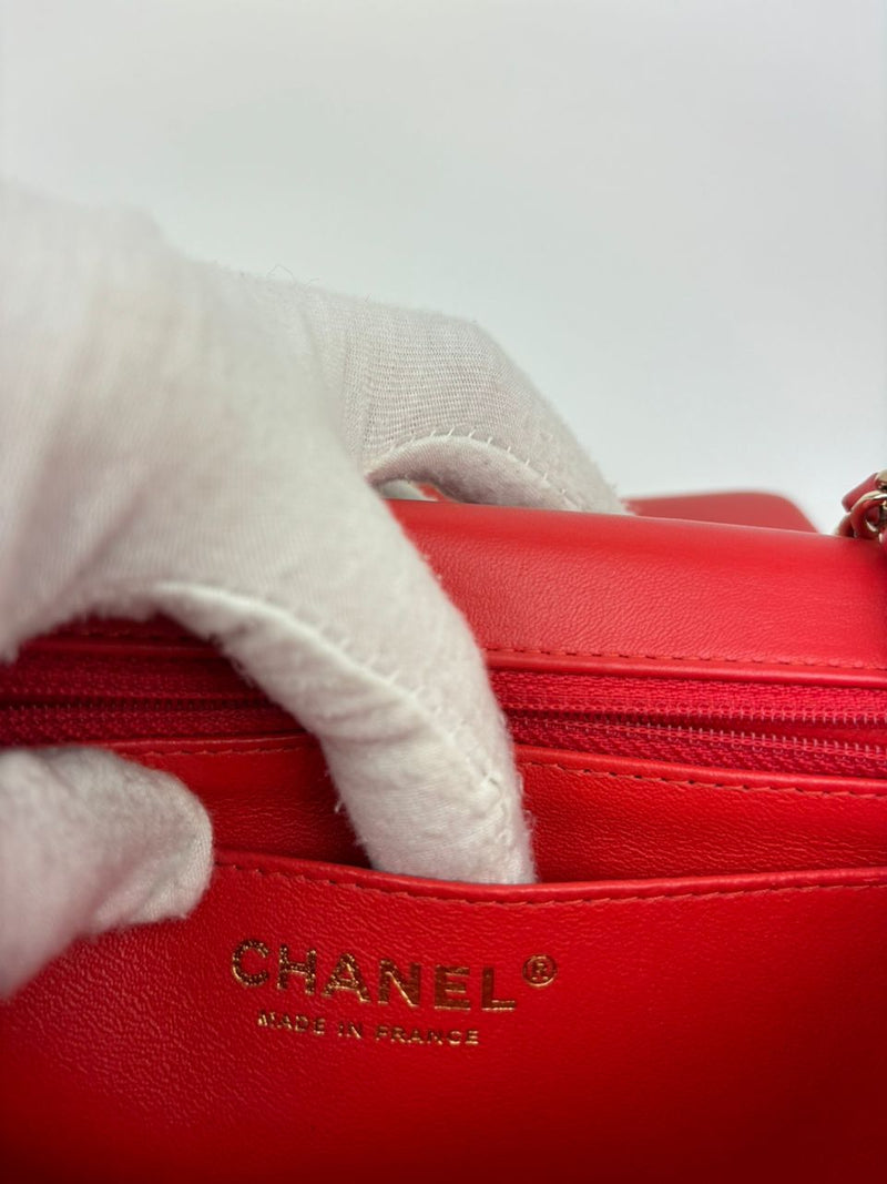 Classic Mini Rectangular Flap in Red Lambskin GHW