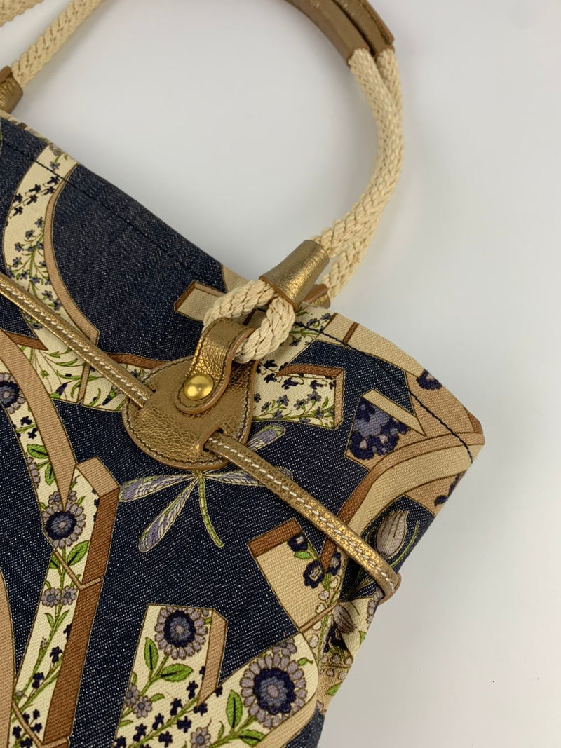 Multicolor Gancini Floral Print Denim Shoulder Bag