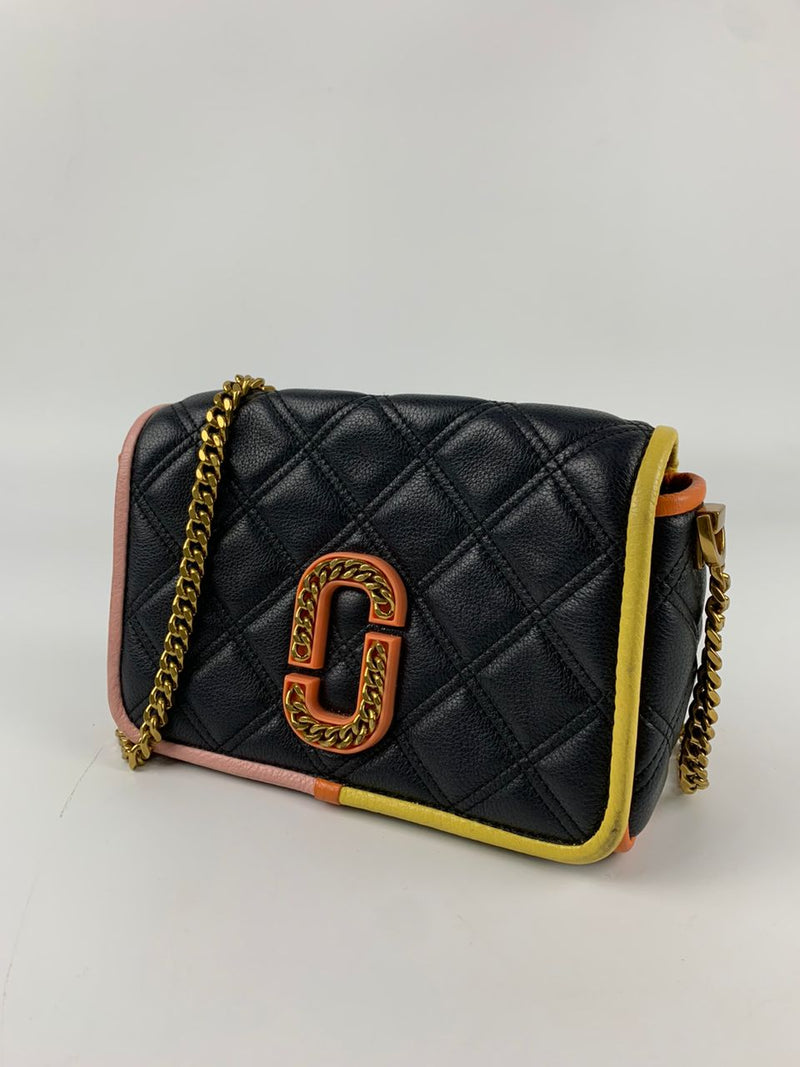 Black Colourblock Grained Calfskin Quilted Double Stitched The Status Flap Crossbody