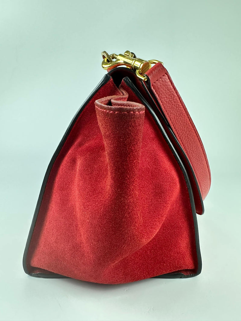 Red Small Trapeze Pebbled Calfskin / Suede Leather Bag