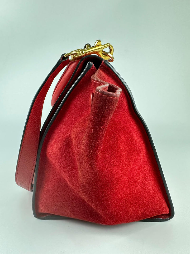 Red Small Trapeze Pebbled Calfskin / Suede Leather Bag