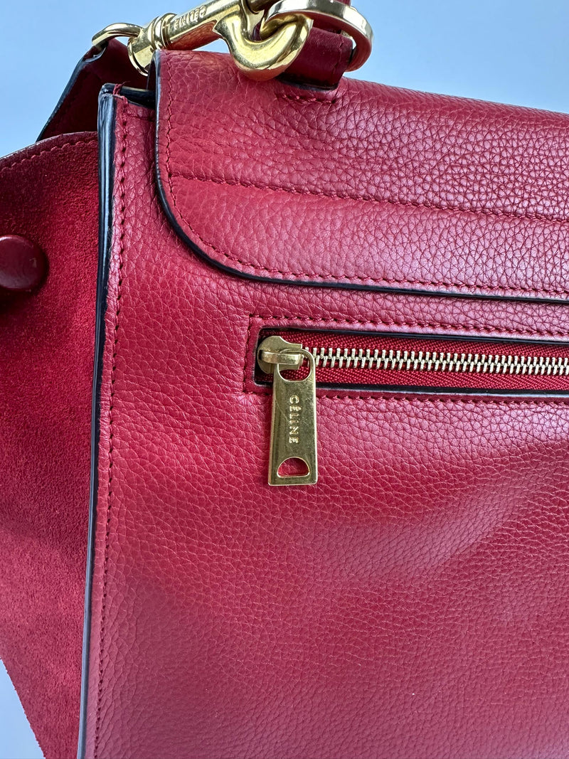 Red Small Trapeze Pebbled Calfskin / Suede Leather Bag