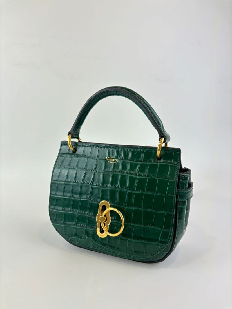 Small Amberley Satchel Green Calfskin Crocodile Embossed