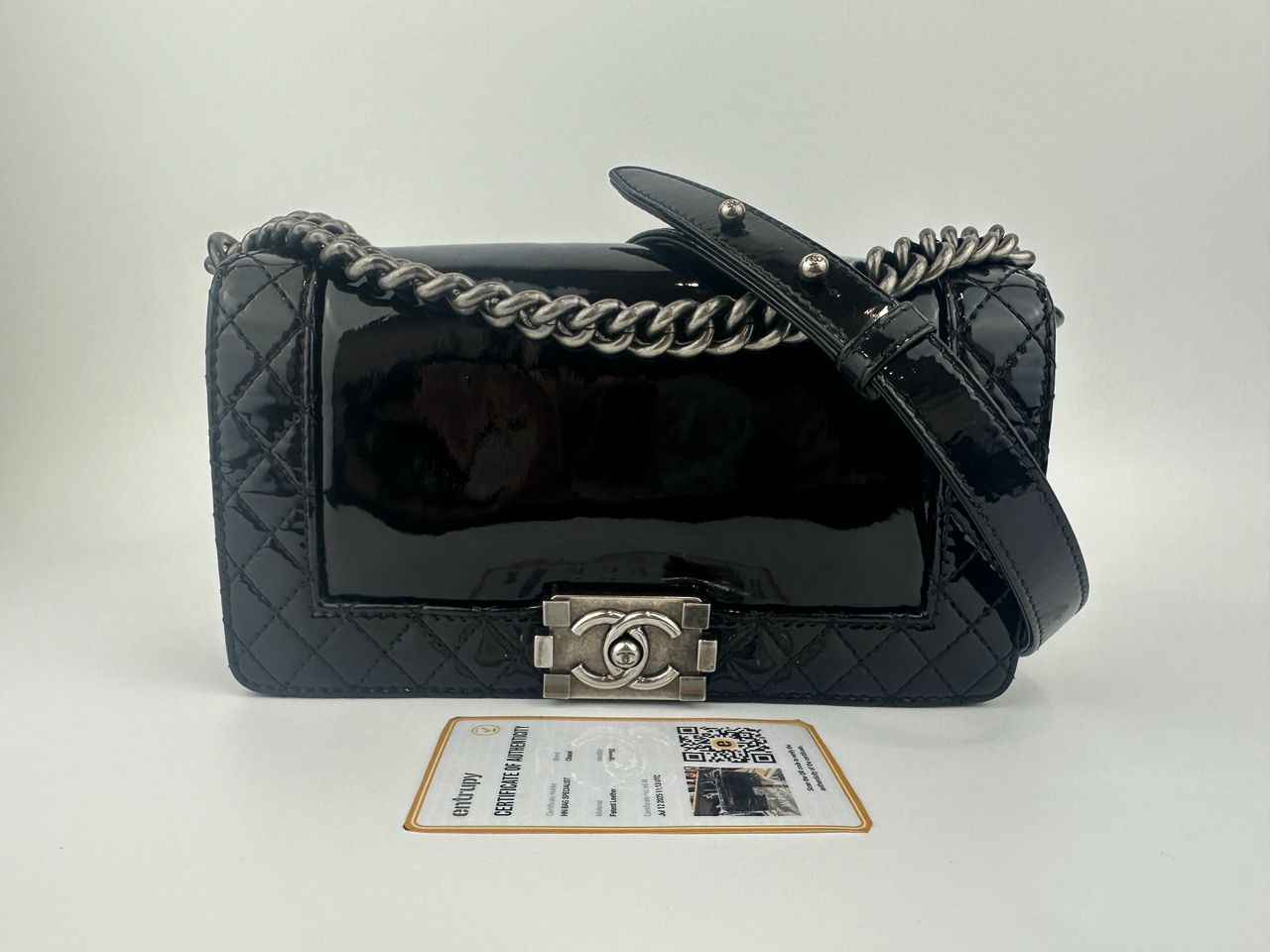 Old Medium Boy Reverso Black Patent Flap Bag RHW