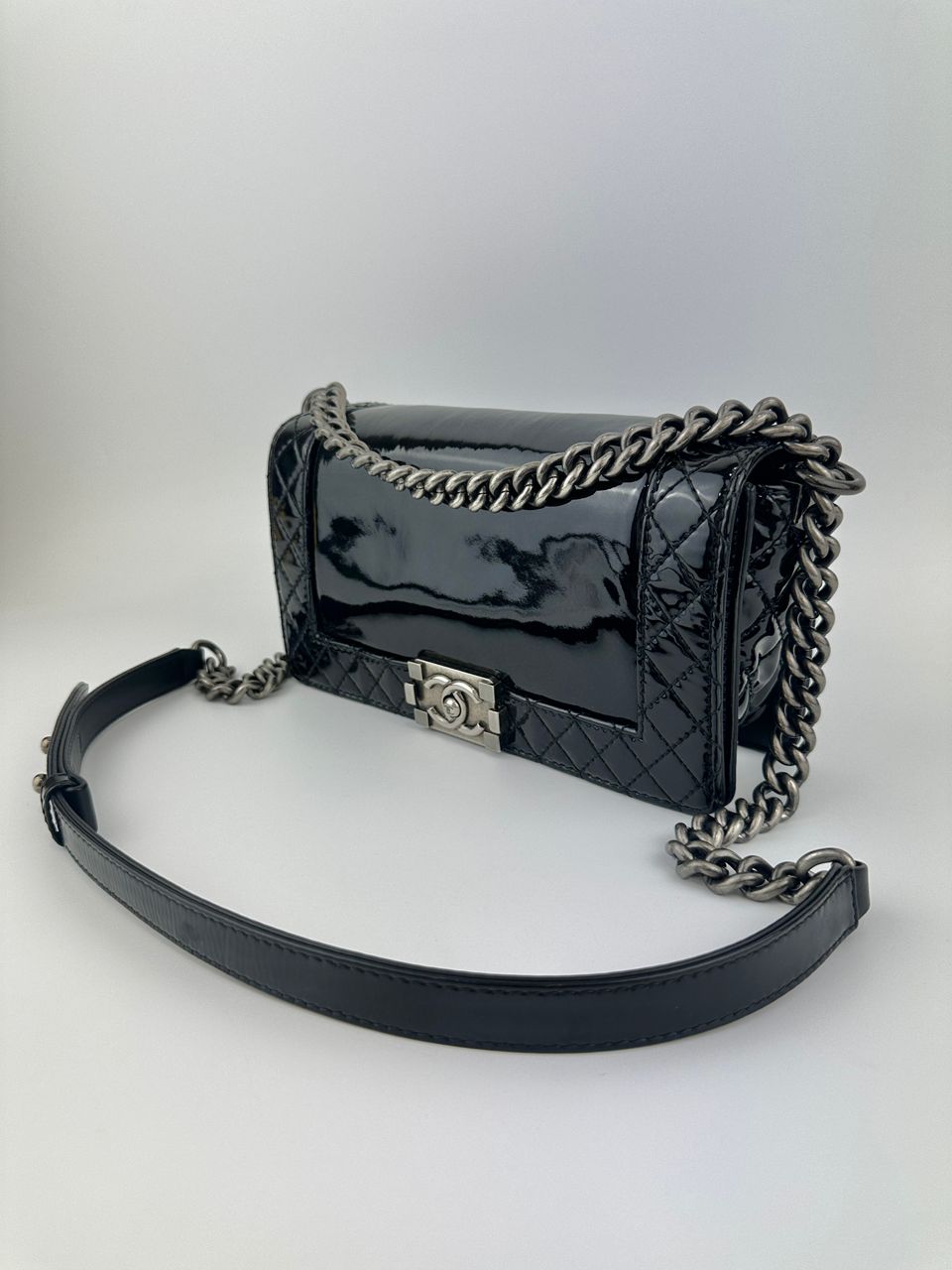 Old Medium Boy Reverso Black Patent Flap Bag RHW