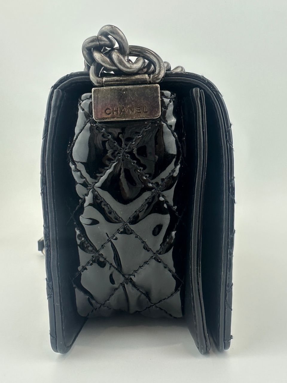 Old Medium Boy Reverso Black Patent Flap Bag RHW