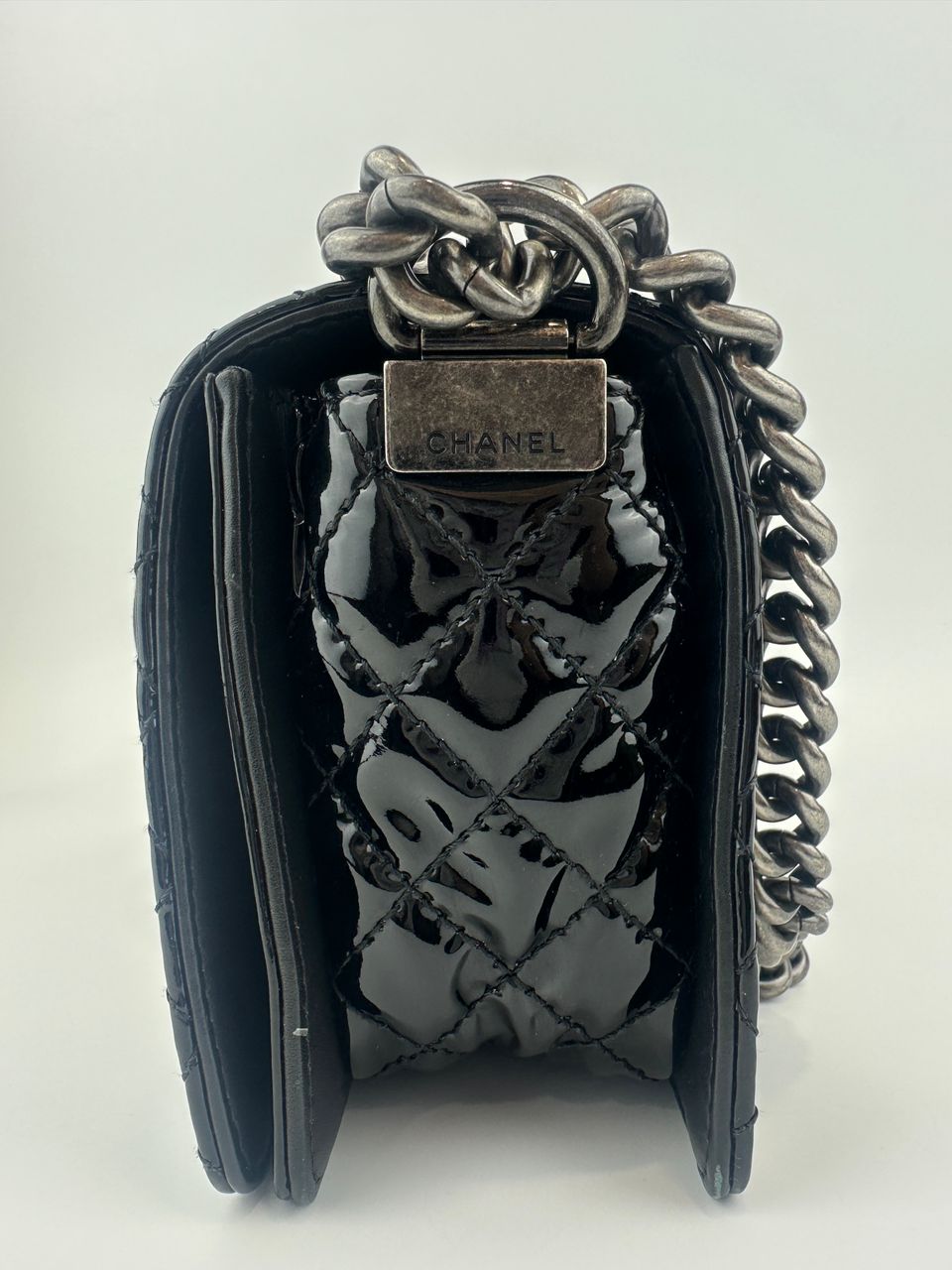 Old Medium Boy Reverso Black Patent Flap Bag RHW