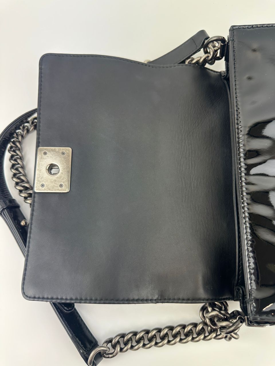 Old Medium Boy Reverso Black Patent Flap Bag RHW