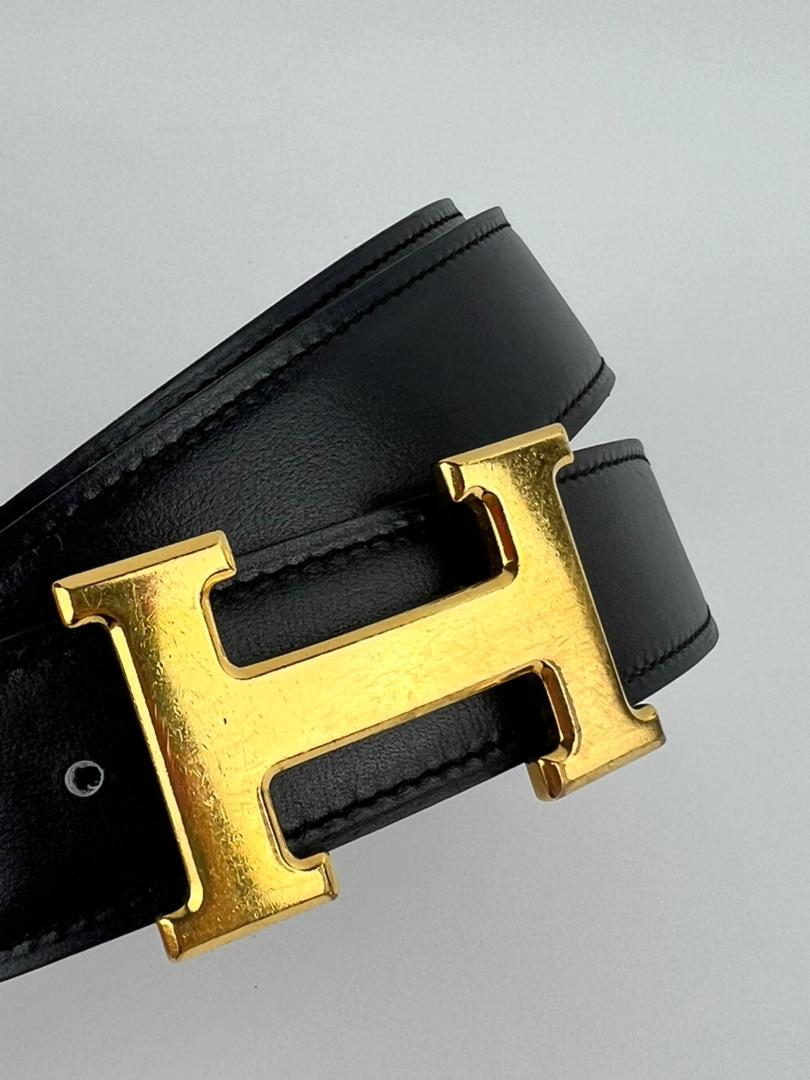 32mm H Belt Buckle in Gold Togo|Black Box Leather Strap Size 100cm