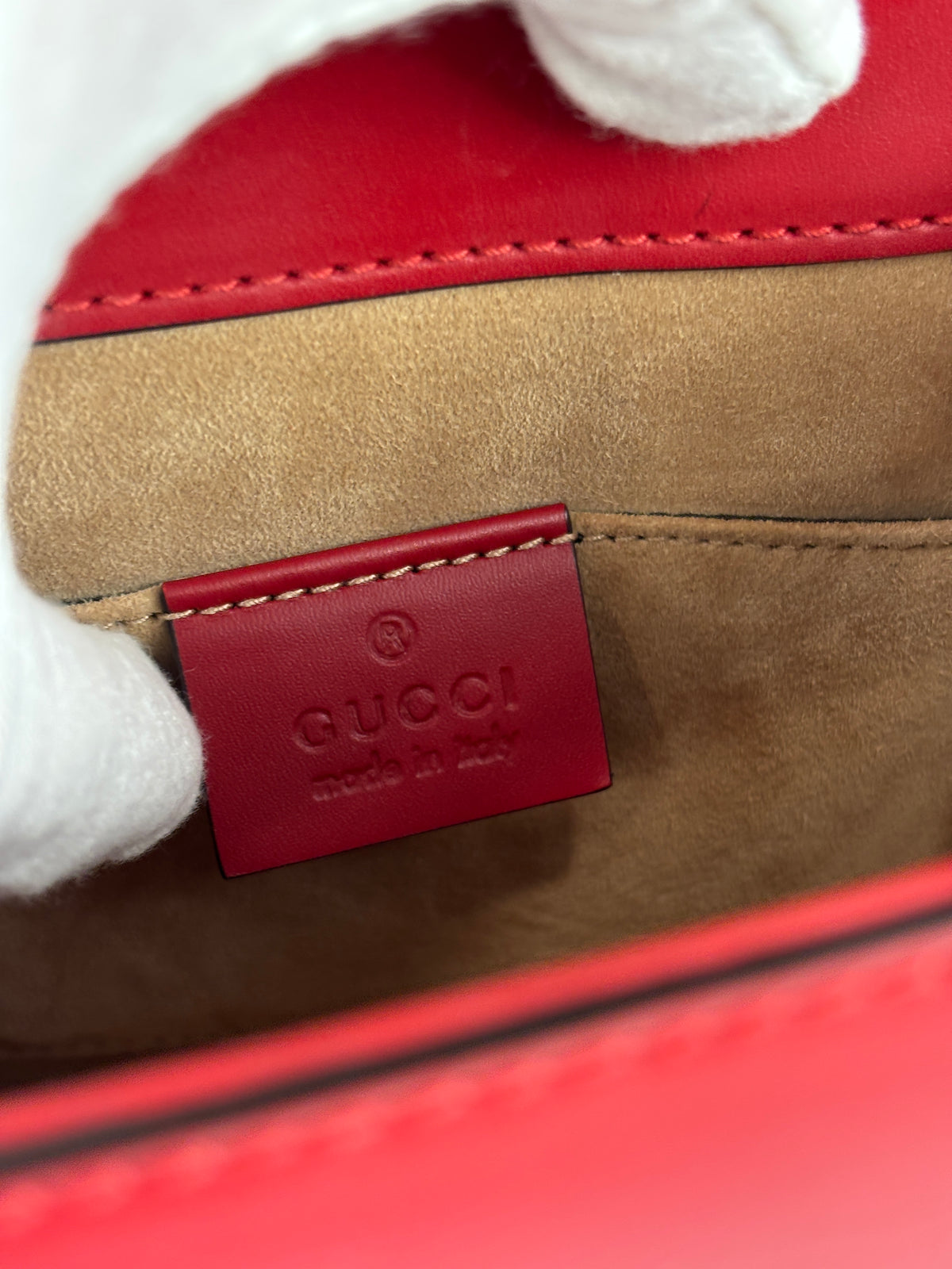 Gucci Sylvie Mini Leather Top Handle Crossbody Bag in Hibiscus Red - Glampot
