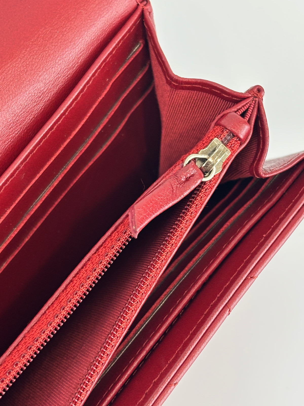 Quilted Long Flap Wallet Red Lambskin SHW - Glampot