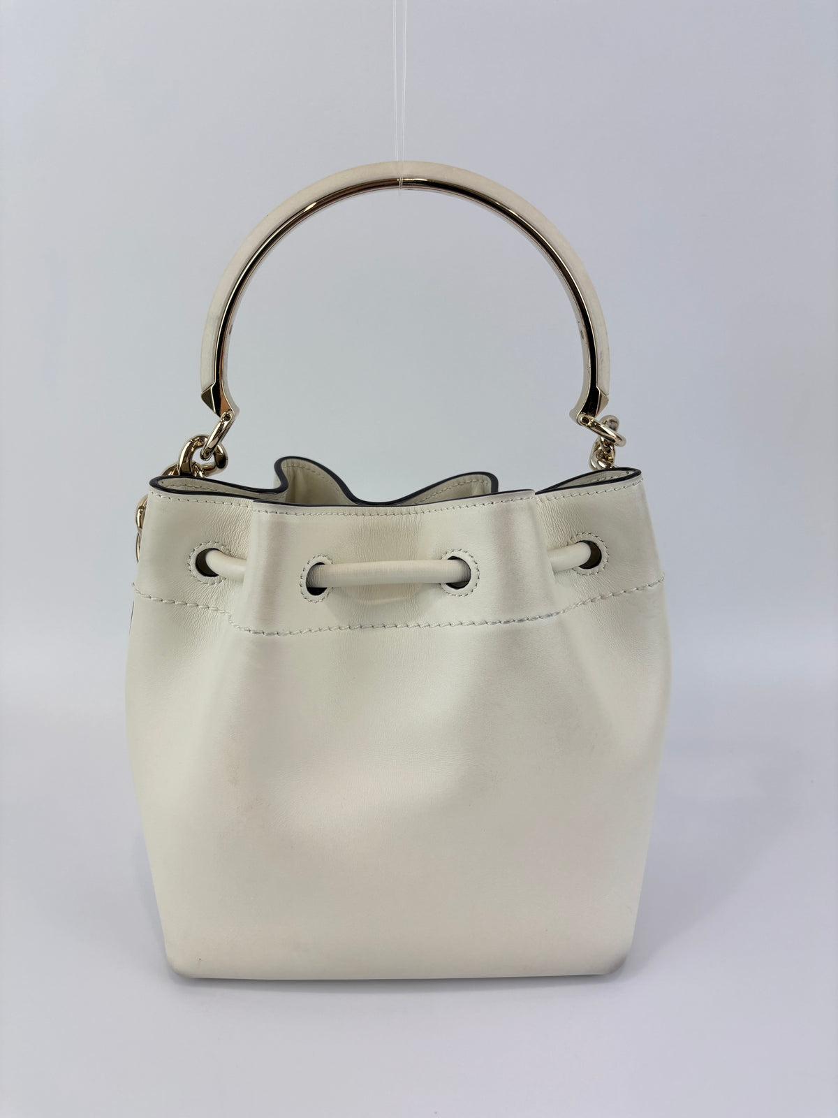 Jimmy Choo Small Bon Bon Leather Bucket Bag in White - Glampot