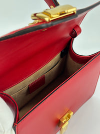 Gucci Sylvie Mini Leather Top Handle Crossbody Bag in Hibiscus Red - Glampot