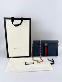 Gucci Ophidia Small Chain GG Web Shoulder Bag in Navy Calfskin - Glampot