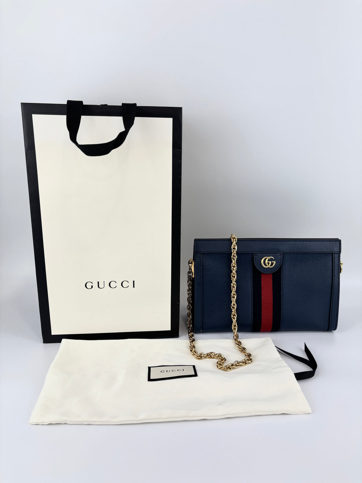 Gucci Ophidia Small Chain GG Web Shoulder Bag in Navy Calfskin - Glampot