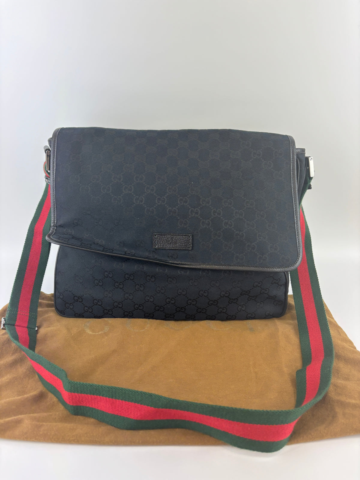 Gucci Black Web Strap Flap Messenger GG Canvas Medium - Glampot