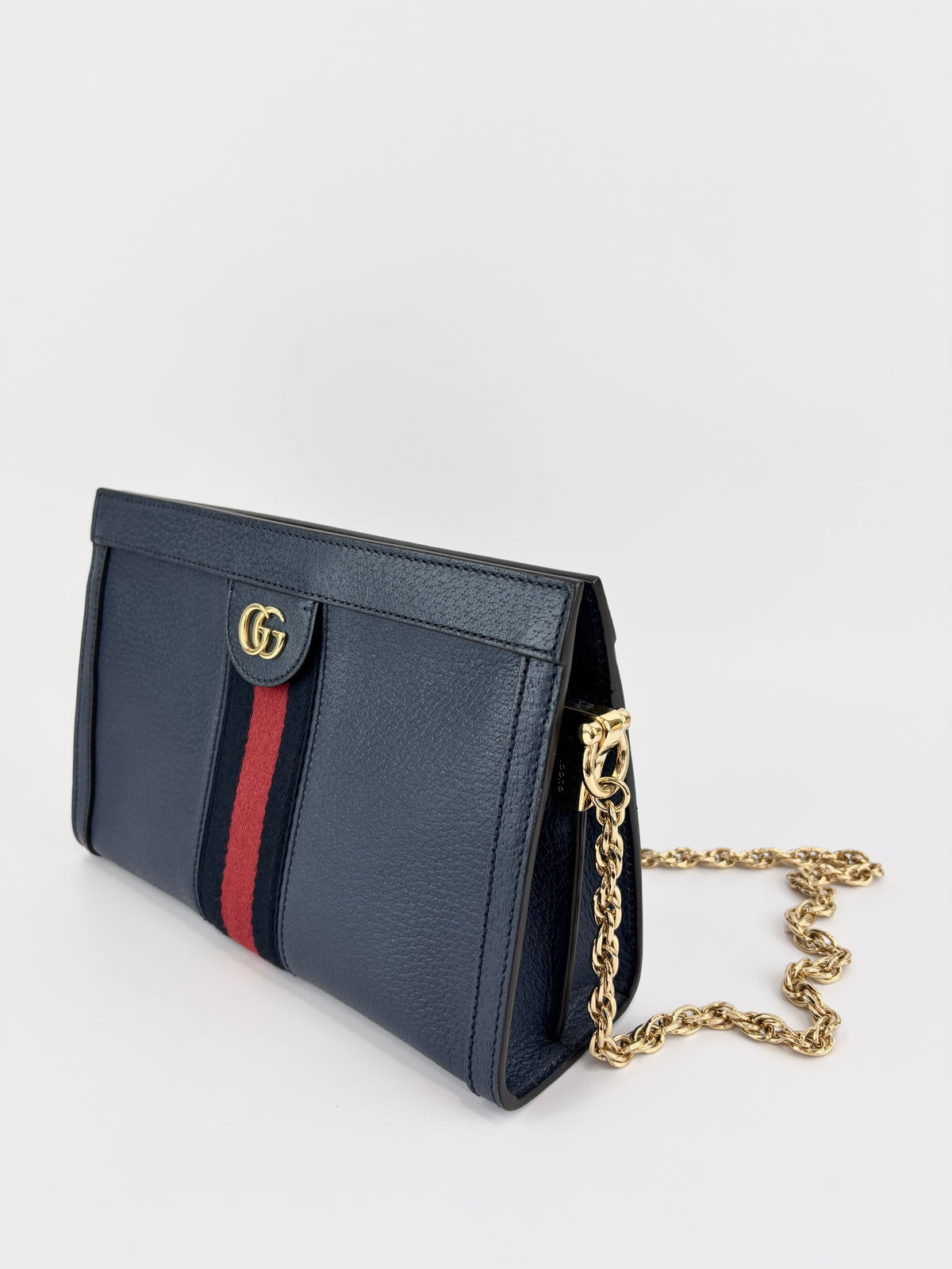 Gucci Ophidia Small Chain GG Web Shoulder Bag in Navy Calfskin - Glampot