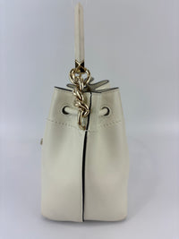 Jimmy Choo Small Bon Bon Leather Bucket Bag in White - Glampot