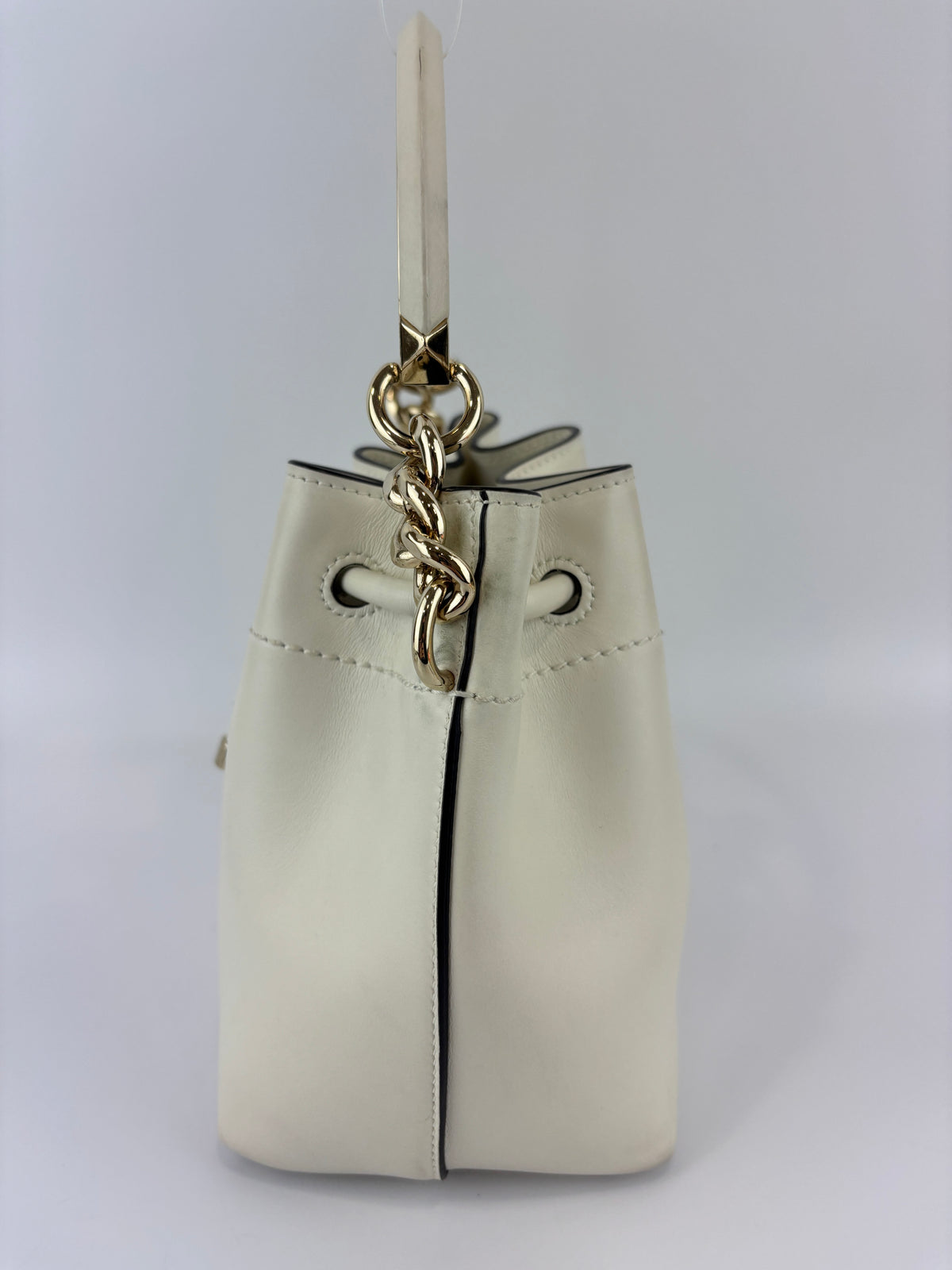 Jimmy Choo Small Bon Bon Leather Bucket Bag in White - Glampot