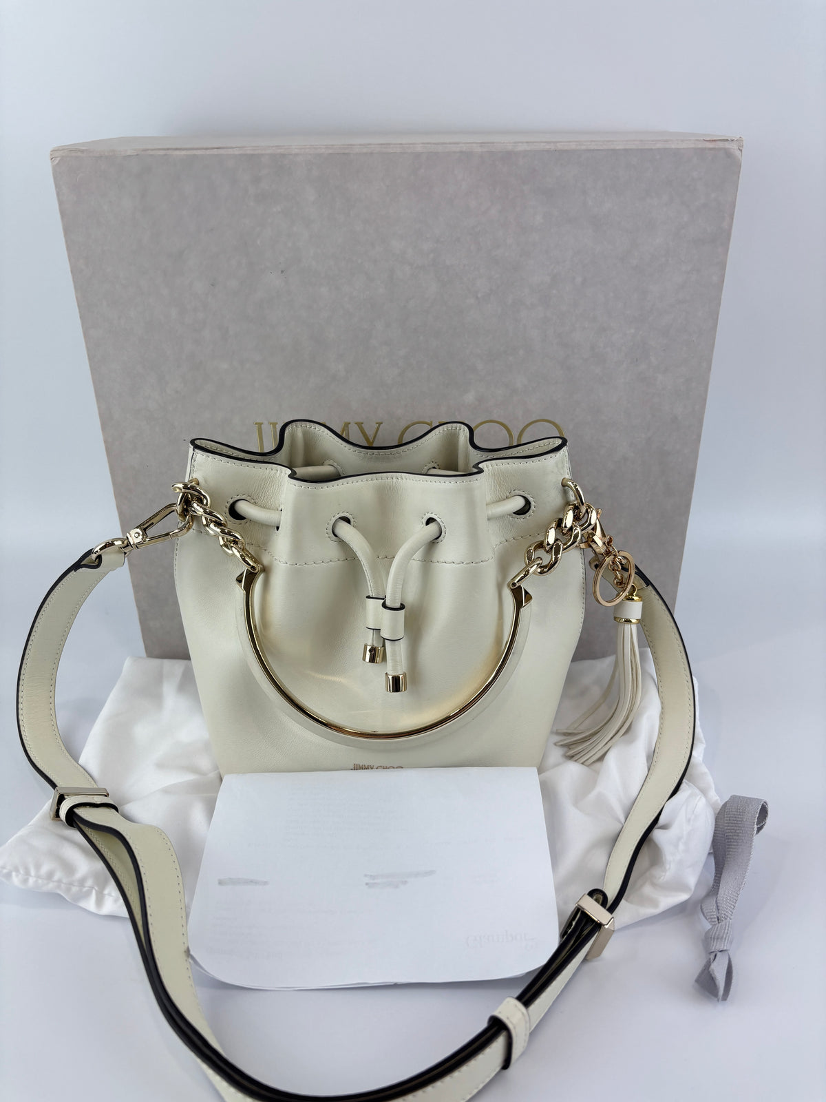 Jimmy Choo Small Bon Bon Leather Bucket Bag in White - Glampot