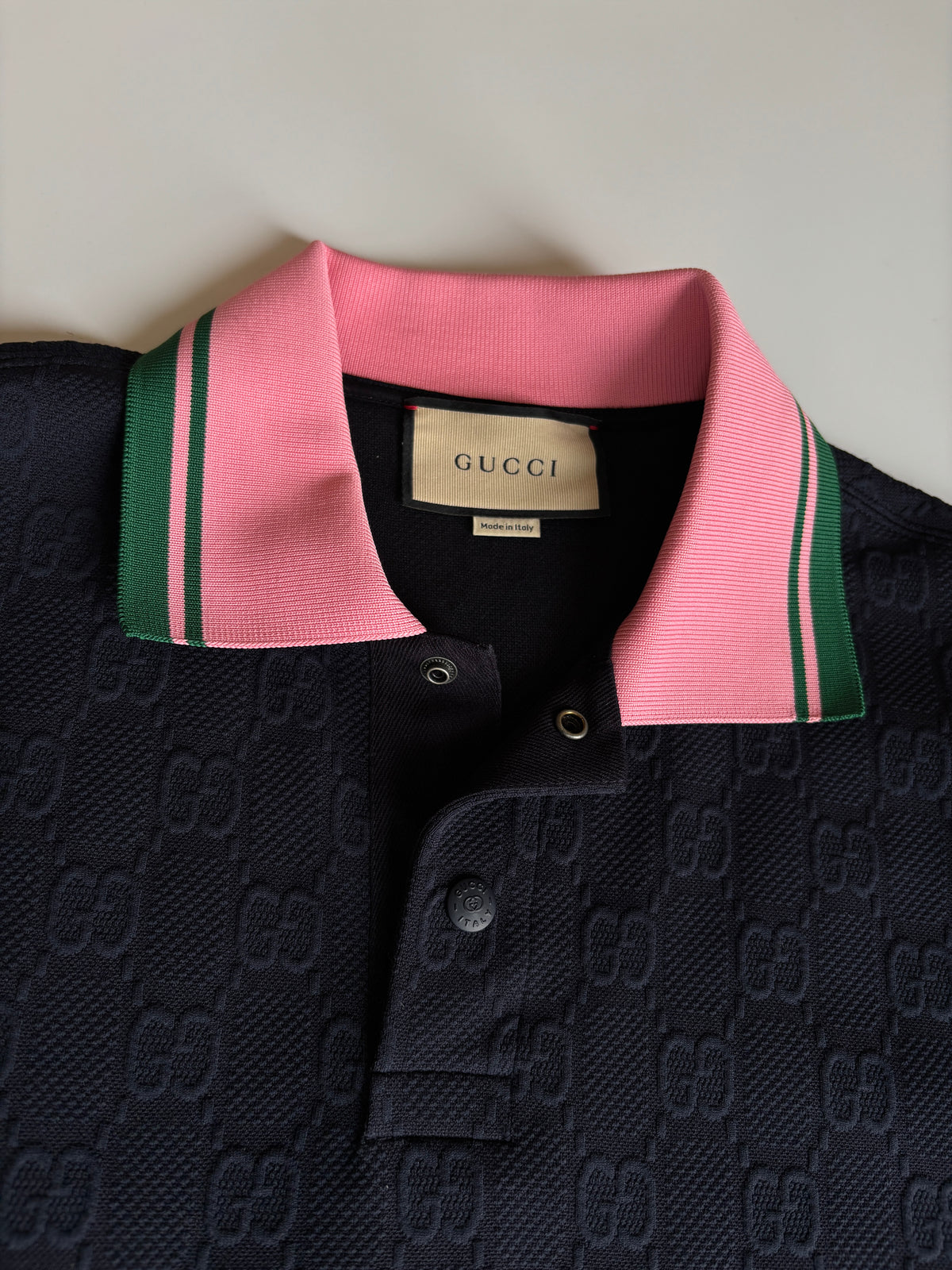 768579 GG Detail Jacquard Polo Shirt with Pink / Green Collar Size M - Glampot