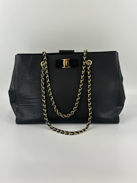 Salvatore Ferragamo Vara Ribbon Chain Shoulder Tote in Black - Glampot