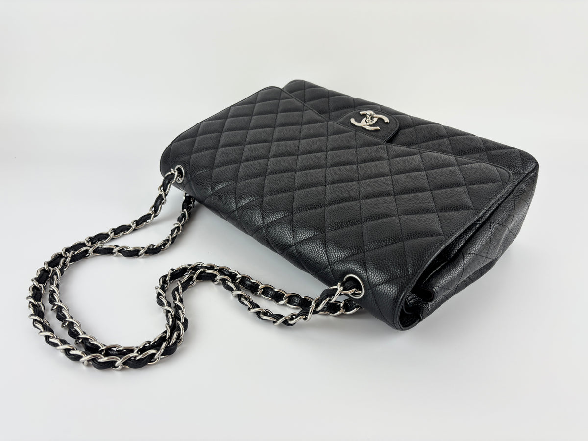 Maxi Classic Double Flap Bag Black Caviar Leather SHW - Glampot