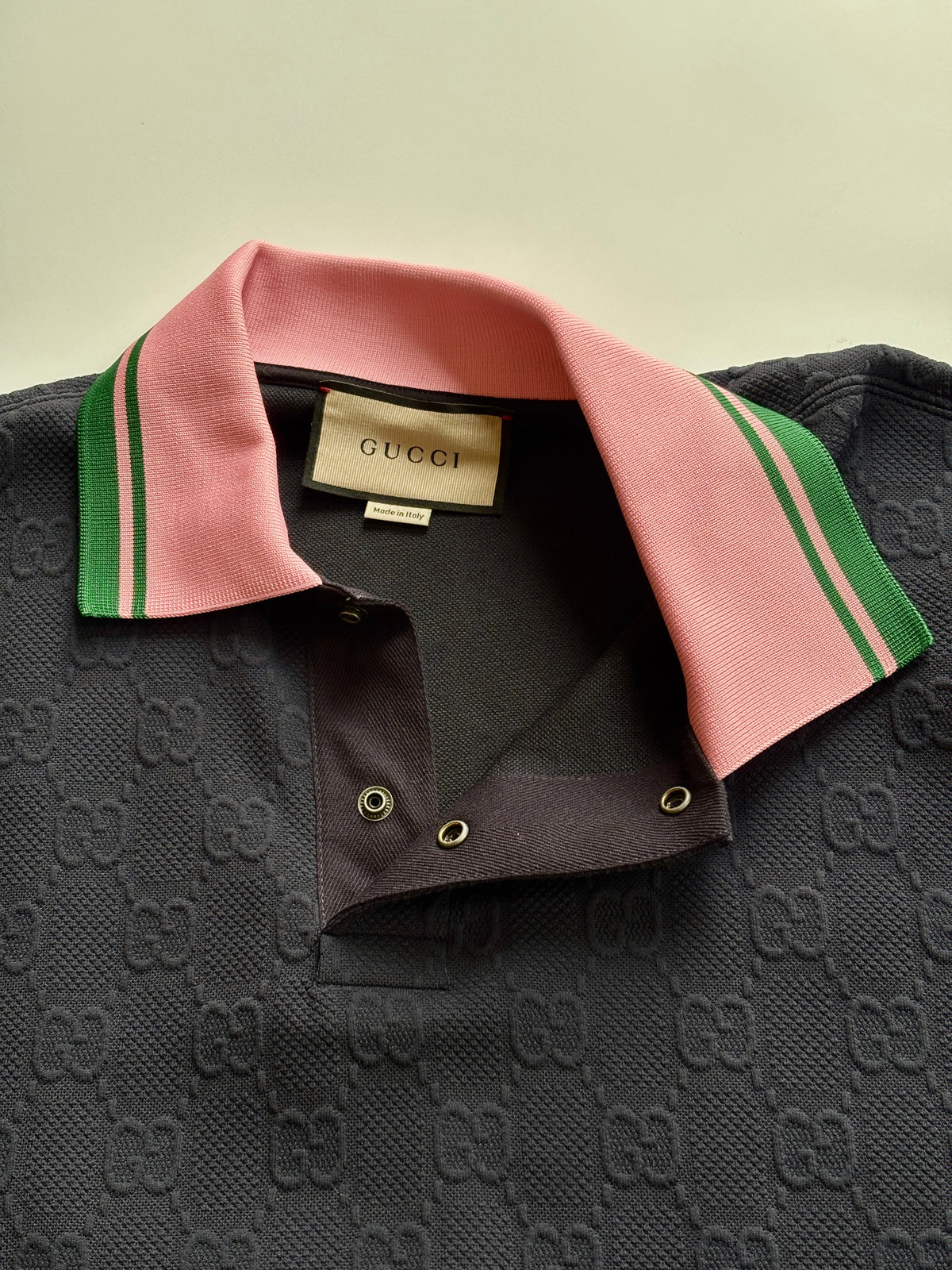 768579 GG Detail Jacquard Polo Shirt with Pink / Green Collar Size M - Glampot