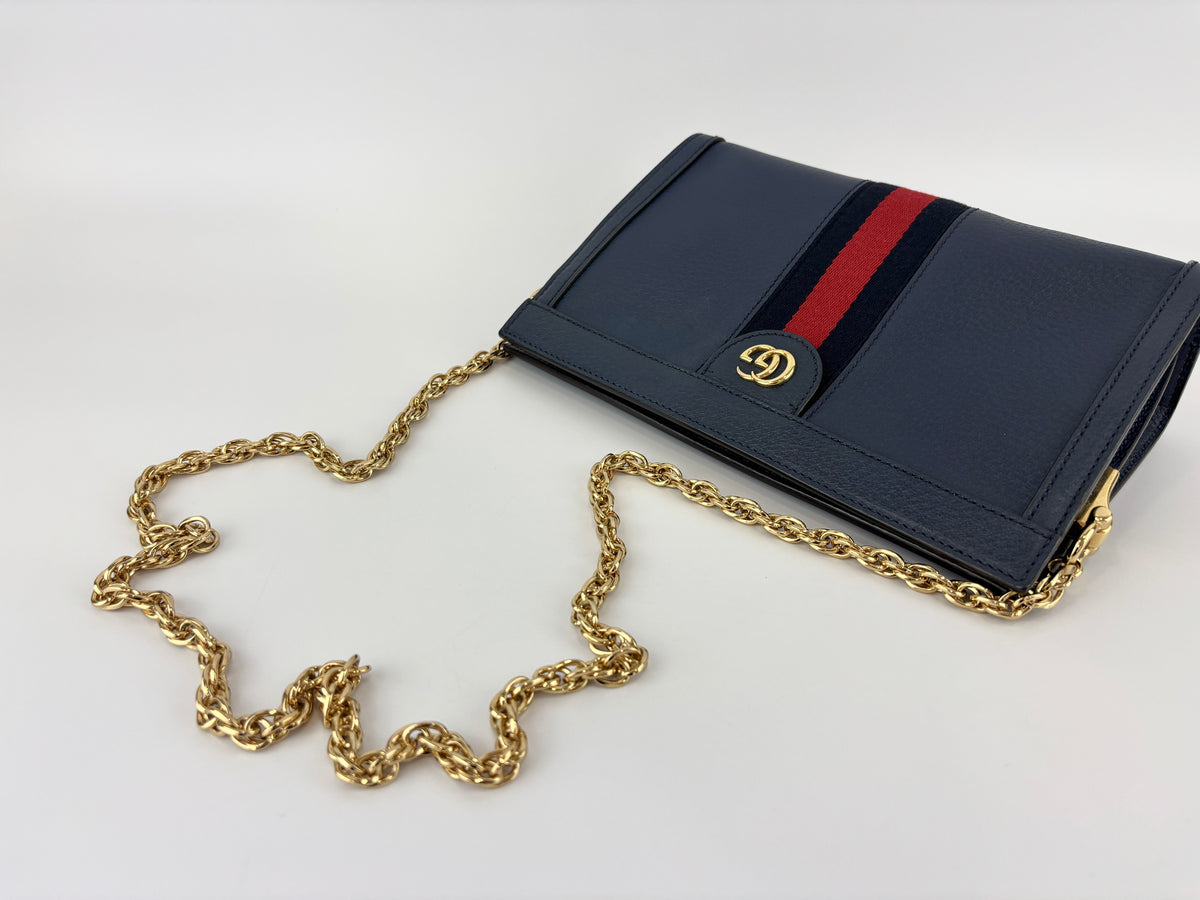 Gucci Ophidia Small Chain GG Web Shoulder Bag in Navy Calfskin - Glampot