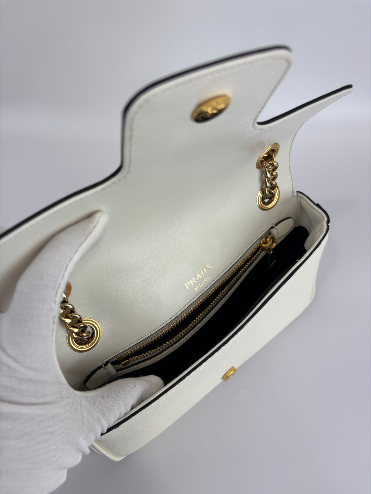 1BD1963 Bianco Saffiano Flap Shoulder Bag - Glampot